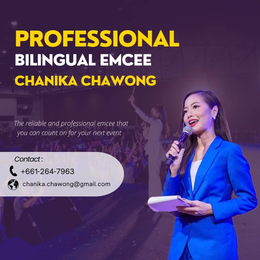 Chanika Chawong, a professional bilingual emcee, confidently holds a microphone while hosting an event.